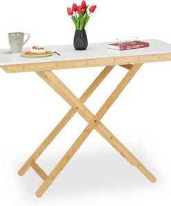 Relaxdays Mesa Plegable Altura Ajustable, Bambú y MDF, Mesita Auxiliar, Salón, Balcón, 70 x 105 x 50 cm, Natural/Blanco