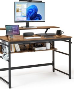 Mondeer Escritorio para Ordenador, estación de Trabajo con 2 estantes Ajustables y Soporte Grande para Monitor, Ahorro de Espacio para el hogar, Oficina, Estudio, 120 x 60 x 90 cm, marrón
