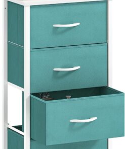 DWVO Cómoda de Tela, Armario de Dormitorio con 4 cajones, cómoda para Dormitorio, Sala de Estar con Asas, Parte Superior de Madera y Marco de Acero Resistente, Color Verde