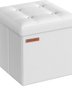 SONGMICS Puff Almacenaje de 38 cm, Banco de Almacenamiento Plegable con Tapa, Reposapiés, Cuero Sintético, Carga de 300 kg, para Entrada, Sala de Estar, Dormitorio, Blanco Nube LSF030W11