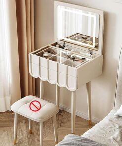 Pequeño tocador de Maquillaje con Espejo abatible, tocador de Madera y Escritorio para portátil con cajones, iluminación Tricolor Ajustable, Tablero de Vidrio(White,50cm/19.7in)