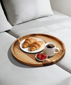 Bandeja de sofá de madera de acacia, inserto de mesa plegable para sofá central portátil, bandejas de reposabrazos perfectas para bebidas, aperitivos, teléfono, control remoto (círculo)