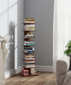 TUTOTAK Estantería vertical, estantería de 8 niveles, estante de libros de lomo estrecho para espacios pequeños, estante de pie de esquina para sala de estar, oficina, estudio, entrada, marrón rústico