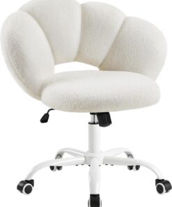 Yaheetech Silla de Escritorio Giratoria Respaldo Diseño Nube Base Blanca | Silla de Oficina Ergonómica sin Brazos, Silla Altura Ajustable, Silla Tejido de Bouclé, Ruedas Giratoria, Estilo Distintivo