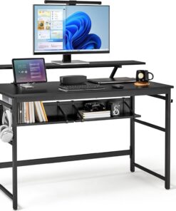Mondeer Escritorio para computadora, estación de trabajo, escritorio con 2 estantes de almacenamiento ajustables y soporte grande para monitor, ahorro de espacio para estudio de oficina en casa, 120 x