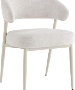 Hela Tische, Silla de Comedor tapizada Guarda, Tejido Beige, Estructura de 4 pies, Color Blanco Perla, Asiento cómodo con muelles, Respaldo con Escote, soporta 120 kg