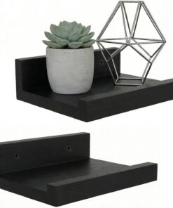 Z metnal Pequeños estantes flotantes, mini estante de pared de madera natural para repisa de fotos, negro, montado en la pared, 20 x 14 cm, 2 unidades
