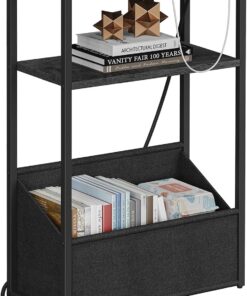 TUTOTAK Mesa auxiliar estrecha y pequeña, mesita de noche con estación de carga, mesa auxiliar con almacenamiento, mesita de noche para espacios pequeños, sala de estar, dormitorio, color gris carbón