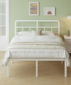 Lutown-Teen Cama de Metal 150 x 200 cm con Cabecero, Altura 46 cm, Blanco | Somier 150 x 200 cm, Base Cama Matrimonio, Láminas de Metal, Fácil Montaje, Amplio Almacenamiento Bajo, Libre de Ruidos