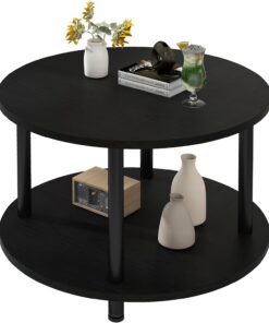 Mesa redonda de 2 estantes, mesa de salón, mesa de café, mesa de sofá, sala de estar, dormitorio, marco de acero resistente/panel MDF, 60 x 60 x 48,5 cm, negro