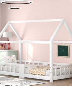 KnSam Cama infantil de 90 x 200 cm, cama individual de madera para habitación infantil, incluye tablero, somieres, protección contra caídas, cama de madera maciza de pino, color blanco (sin colchón)