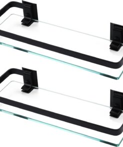 KES Estantería Baño Estanterías Cristal Baño Vidrio Templado 8mm Extra Gruesa Montado en la Pared Rectangular Baldas Baño Negra Aluminio Negro 2 Pieza, A4126A-BK-P2