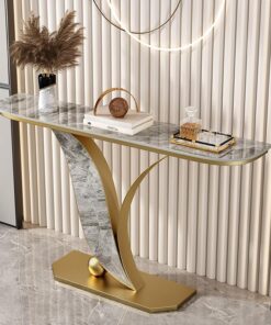 Mesa consola decorativa moderna de hierro en color dorado y negro con tablero de losa de piedra, patas con forma de hoja, mesa auxiliar estrecha para sofá, ideal para la entrada(Gold 2,80cm/31.4in)