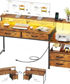 MUTUN Escritorio para computadora de 135 cm con toma de corriente y estación de carga, escritorio reversible para oficina en casa con cajones de tela y soporte para monitor, escritorios de madera con