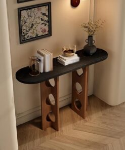 Mesa consola moderna de madera, Mesa auxiliar vintage estrecha entrada | Elegante estantería abierta de almacenamiento para pasillo,Mueble patas de mesa huecas de diseño(Black+Walnut,80cm/31.5in)