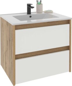 MUEBLES PITARCH Mueble de Baño 60cm Ancho, suspendido, 2 Cajones, Roble Kraft con frentes de cajones Blancos, para Lavabo encastrado, Estilo Moderno Modelo Nilo