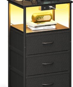 Coleshome Mesitas de Noche Negro, con Enchufe, 2 USB y Tira de Luces LED | Mesita de Noche con 3 Cajones de Tela, 1 Espacio de Almacenamiento, 40 x 30 x 70 cm