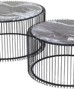 Kare Design Mesa centro Wire Glas mármol, negro, set de 2, 30x60x60cm, metal, forma ovalada, sala de estar