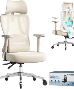 SONGMICS Silla de Oficina Ergonómica, Silla de Escritorio Gaming, Soporte Lumbar y Reposacabezas Ajustables, Reposabrazos, para Distintas Alturas, Carga 150 kg, Marrón Camello y Blanco Nube OBN067LJ01