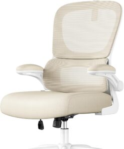 SONGMICS Silla de Oficina, Silla de Escritorio Ergonómica, Beige | Tela de Malla de Doble Capa Transpirable, Soporte Lumbar Adaptable, Reposacabezas Ajustables, OBN041L01