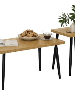 HOMCOM Juego de 2 mesas auxiliares con Marco de Acero, Mesa de salón, Mesa de café para salón, Color Natural | Mesa de salón, mesa de café