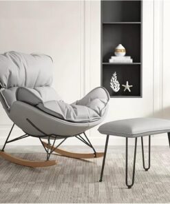 Moderna mecedora tapizada con respaldo alto y patas de madera maciza, cómoda silla reclinable para habitación de bebé, color gris