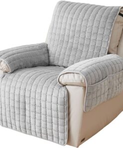 NUODWELL - Funda para silla reclinable con bolsillos de peluche, antideslizante, súper suave y lavable, funda protectora de muebles para niños y mascotas (gris con bolsillos, 53 x 190)