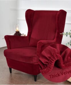 Funda for sillón con Orejas de Terciopelo elástico de 2 Piezas con Funda de cojín en T, Funda for sillón Antideslizante de Moda de Color sólido for Strandmon, Dormitorio(Rouge)