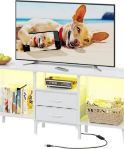 Mueble para TV con Iluminación LED y 2 Cajones, Soporte para 55 Pulgadas con Estantes Abiertos, Gran Almacenamiento para Salón - Blanco