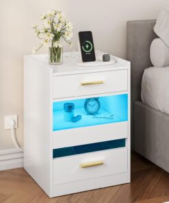 YITAHOME Mesita de Noche, Mesa Auxiliar con Luces LED y Base de Carga, mesita de Noche con cajones de Almacenamiento para Sala de Estar, Dormitorio, 40 x 40 x 60 cm, Color Blanco