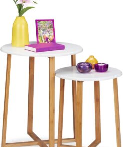 Relaxdays Set de 2 Mesitas Auxiliares, Redondas, 48,5 y 60,5 cm de Altura, Diseño Moderno, Mesa Salón, Natural/Blanco