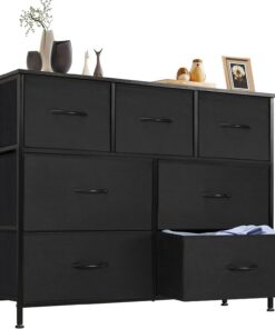 DUMOS Cómoda para Dormitorio con cajones de Tela, Organizador Alto para Ropa, Armario, habitación Infantil, Torre de Almacenamiento con Armario Marco de Metal, Placa de Madera Ligera