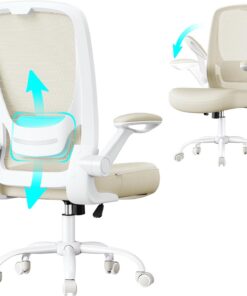 SONGMICS Silla de Oficina, Silla de Escritorio de Malla, Silla Giratoria Ergonómica, Soporte Lumbar, Oscilante, Asiento de 53 cm, Apoyabrazos Abatibles, Beige Avena OBN037K02