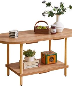 Aibiju Mesa de Centro Pequeña, Mesa de Centro Ovalada con Estante de Almacenamiento, 90 x 41.5 x 40 cm, Mesa Auxiliar Industrial para Salón, Muebles de Hogar, Estilo Moderno, Roble YD-011K