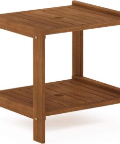 Furinno Tioman Mesa auxiliar Mississippi para exteriores de madera dura con orificio para sombrilla, Natural