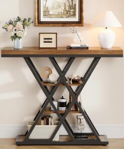 Tohomeor Mesa estrecha de consola para el pasillo Mesa de café industrial de 4 niveles 105 cm, mesa auxiliar, mesa de entrada, pequeña mesa de exhibición, mesa de sofá para espacios pequeños, para