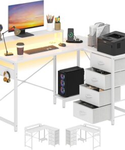 YITAHOME Mesa Escritorio con Estante de Almacenamiento de Bricolaje de 4 Niveles, Escritorio Ordenador con 2 Puertos USB y Enchufes para Oficina, Estudio, Sala de Estar, 130x100x75cm, Blanco