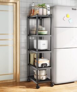 SAYZH Estanterias Almacenaje, Estantería de Metal Resistente de 5 Niveles, Estanteria Altura Ajustable Cocina con Ruedas y Patas Antideslizantes para Garaje, Cocina, Sala de Libros, Esquina, Negro