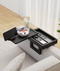Wealone Mini Mesa Negra para Brazo de Sofá para Reposabrazos Estrechos, Bandeja para Brazo de Sofá con Caja de Almacenamiento, Tablero Giratorio y Soporte para Teléfono, Clip Ajustable para Mesa de