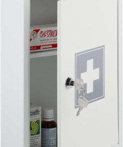 Relaxdays Armario Botiquín Puerta Cruz 2 Compartimentos, Cerradura, 32x21,5x8 cm, Caja Medicinas Colgante, Blanco y Gris