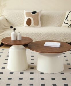Juego de 2 Mesas de Café Redondas,Mesa de Centro de Sofá de Salón,con Escritorio Grande e Base de Acero Al Carbono,para Salón Comedor Sala de Estar(White+Walnut)