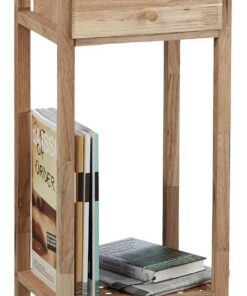 Relaxdays Mesa Auxiliar de Madera, Mesita de Noche de Nogal, 2 Niveles, con cajón, Estrecha HxLxP: 80x35x30 cm, Natural, marrón