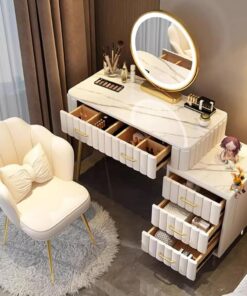 Tocador de Maquillaje para Dormitorio, 100X40X76cm, Espejo LED con 3 Brillo Ajustable, Blanco Mesa de Maquillaje con Cajones y Silla