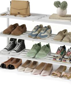 SONGMICS Zapatero de Bambú, 3 Niveles, Apilable, Estrecho, Estantería para Entrada, Salón, Dormitorio, Garaje, para 12-16 Pares de Zapatos, 25 x 70 x 51,5 cm, Blanco Nube LBS053WZ01
