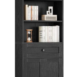 Coleshome Estantería con Puertas Cajones 5 Niveles, Librería 164cm Negro | Montaje Fácil 164x48x24cm Estantería Cajón Repisas Ajustables Antivuelco 60-80 Libros Salón Dormitorio Oficina