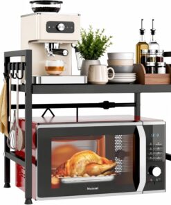 Estante Extensible para Microondas, Estante de 2 Niveles para Microondas, Soporte de Acero al Carbono para Microondas, Organizador de Almacenaje de Cocina con 8 Ganchos, Negro