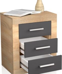 duehome | Mesita de Noche, Mesilla de Dormitorio, Modelo Kira, Acabado en Color Cambria y Grafito, Medidas: 50 cm (Largo) x 34,6 cm (Fondo) x 60 cm (Alto)