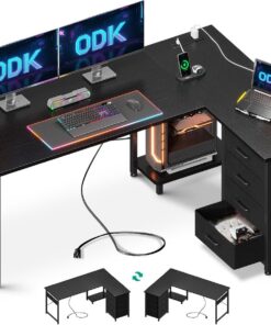 ODK Escritorio esquinero con cajones, escritorio reversible en forma de L con toma de corriente, escritorios de oficina con puerto de carga USB y soporte de host para oficina en casa, negro, 135 x 100