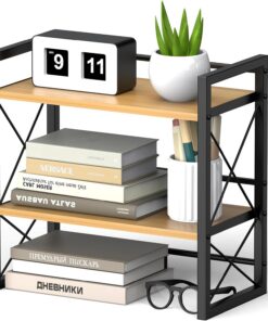 Alyoen Estantería de Escritorio, estantería pequeña de 2 Niveles de Madera y Metal, librero estantería Organizador de Escritorio para salón, Dormitorio, Cocina y Oficina