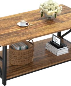 GreenForest Mesa Auxiliar con Esquina Redonda, Mesa Central de Granja con Estante de Almacenamiento de 2 Niveles, diseño de Marco en X para Sala de Estar, 99 cm, Nogal